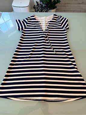 Stera Casual Navy White Striped T-Shirt Dress V-Neck Tie Front Mini [S]